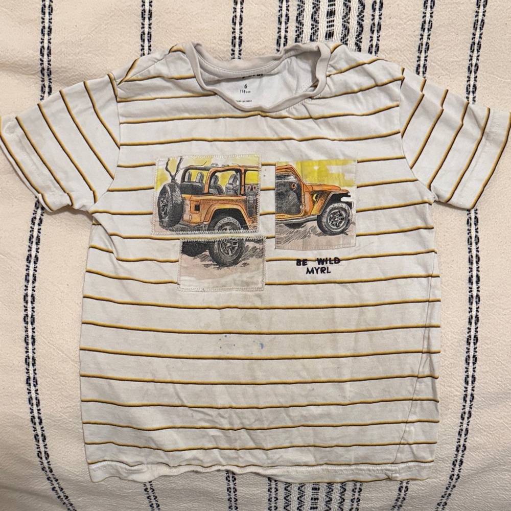 Mayoral Yellow and White Striped Kids Tee with Jeep motif